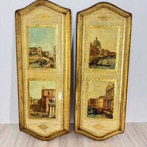 Vintage Italian Wall Art Set Gold Framed Panels Venice Scenes 13" Pair